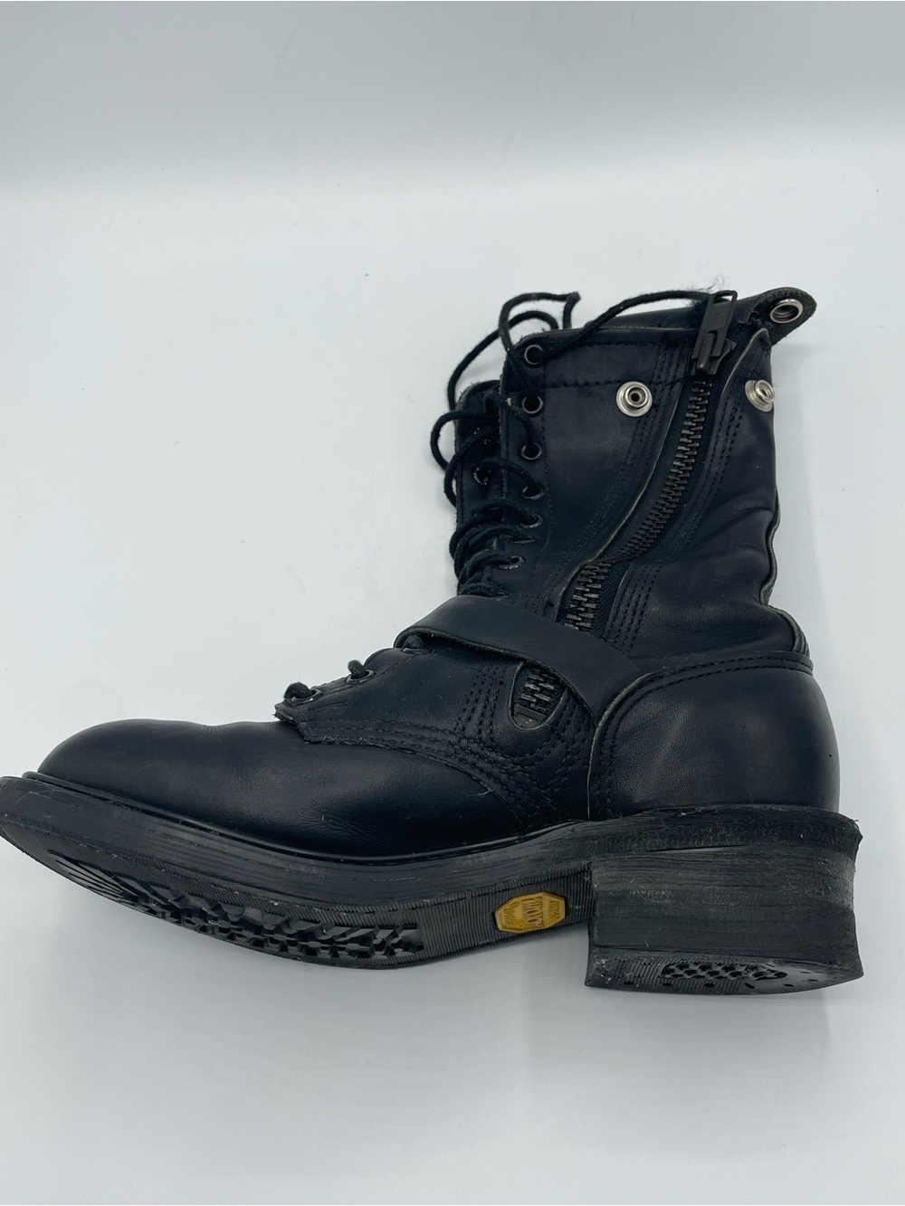 Double H Vintage Black Leather Lace-Up Combat Moto Boots with Buckle Strap. - Picture 14 of 16